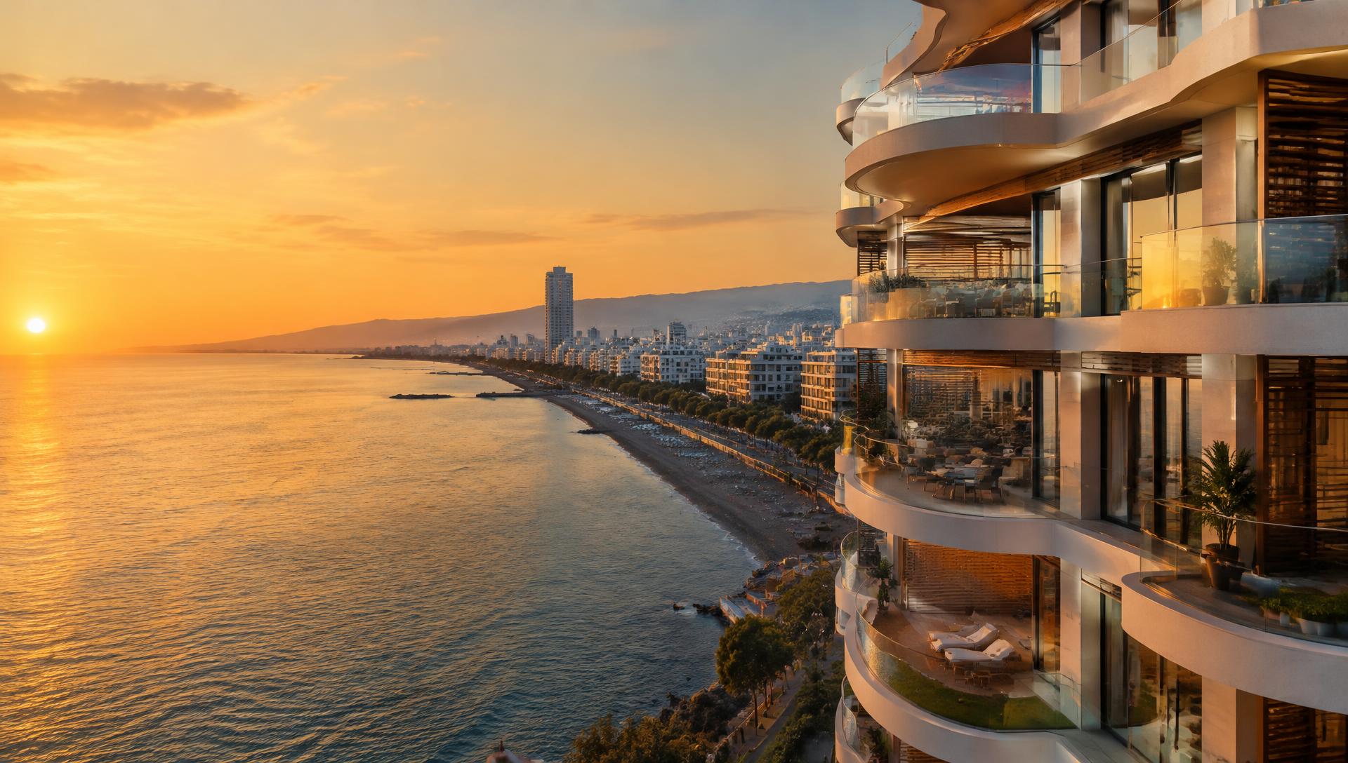 Seafront residential tower in Limassol at sunset